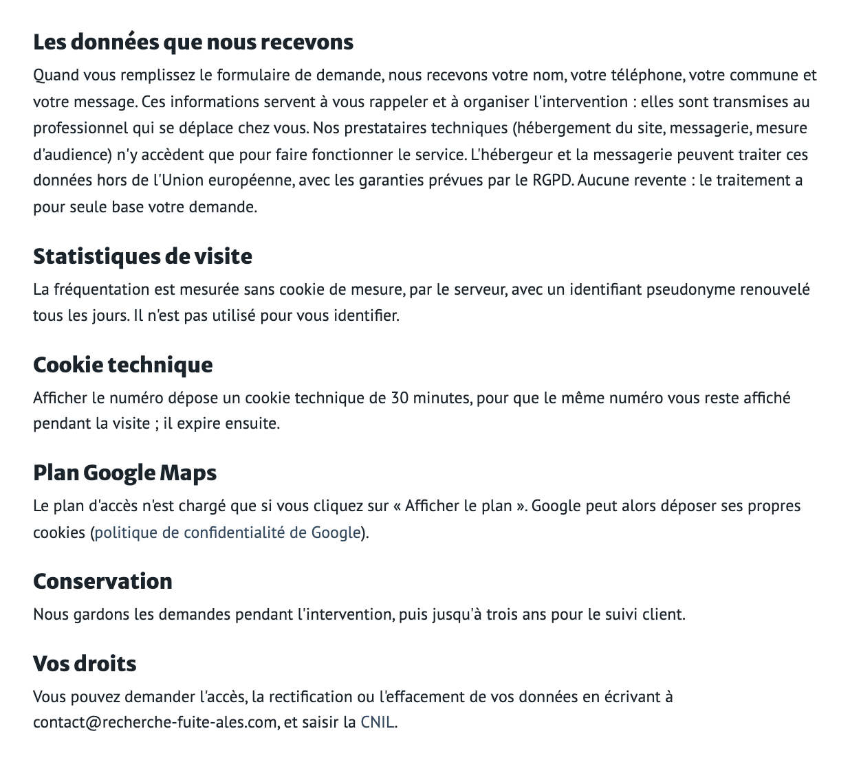 Données personnelles — Recherche de Fuite des Cévennes