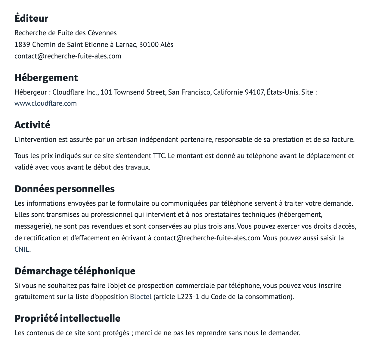 Mentions légales du site Recherche de Fuite des Cévennes