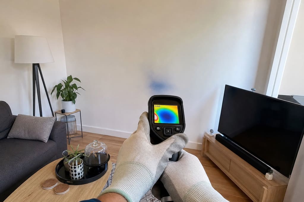caméra thermique pointée sur mur humide dans salon