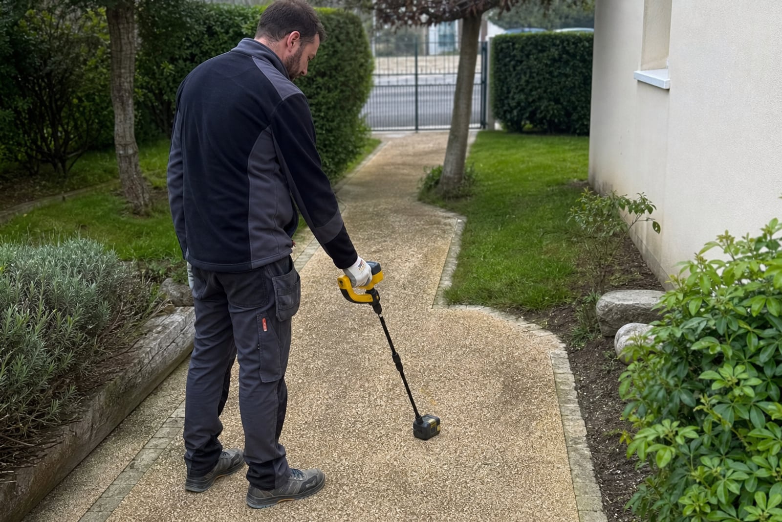 technicien inspecte une allée de jardin avec détecteur