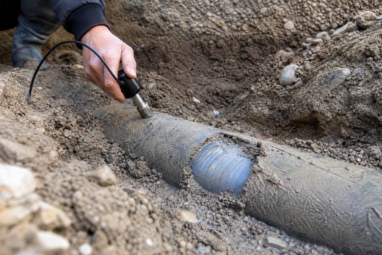 sonde d'écoute posée sur canalisation enterrée découverte