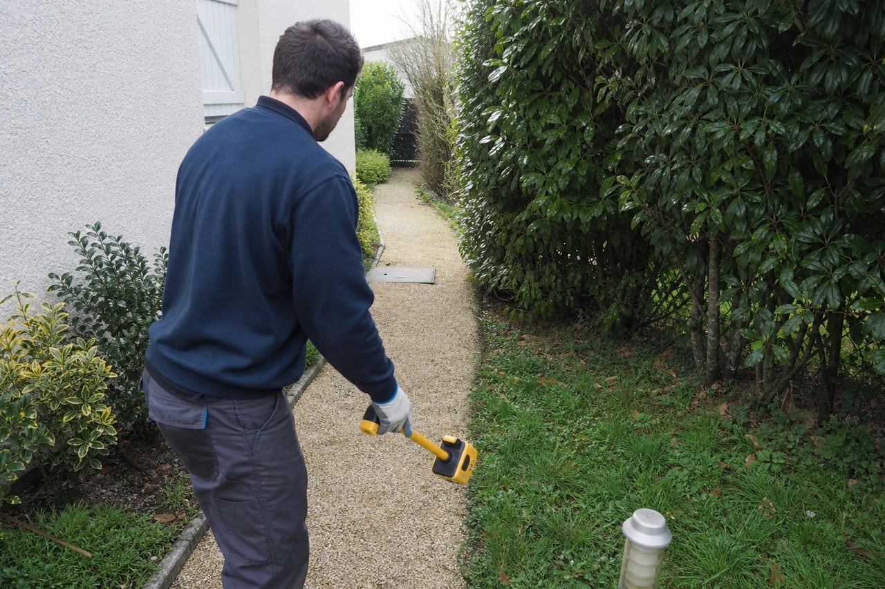 technicien inspecte une allée de jardin avec détecteur